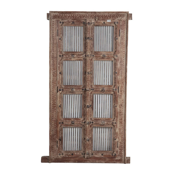 Carved Wood Door with Frame and Iron Rod, 2 Piece