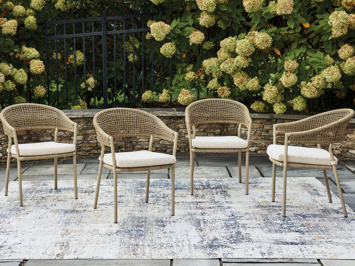 Orchard Beach Beige Outdoor Arm Chair with Cushion (Set of 4) from Ashley Furniture - Luna Furniture