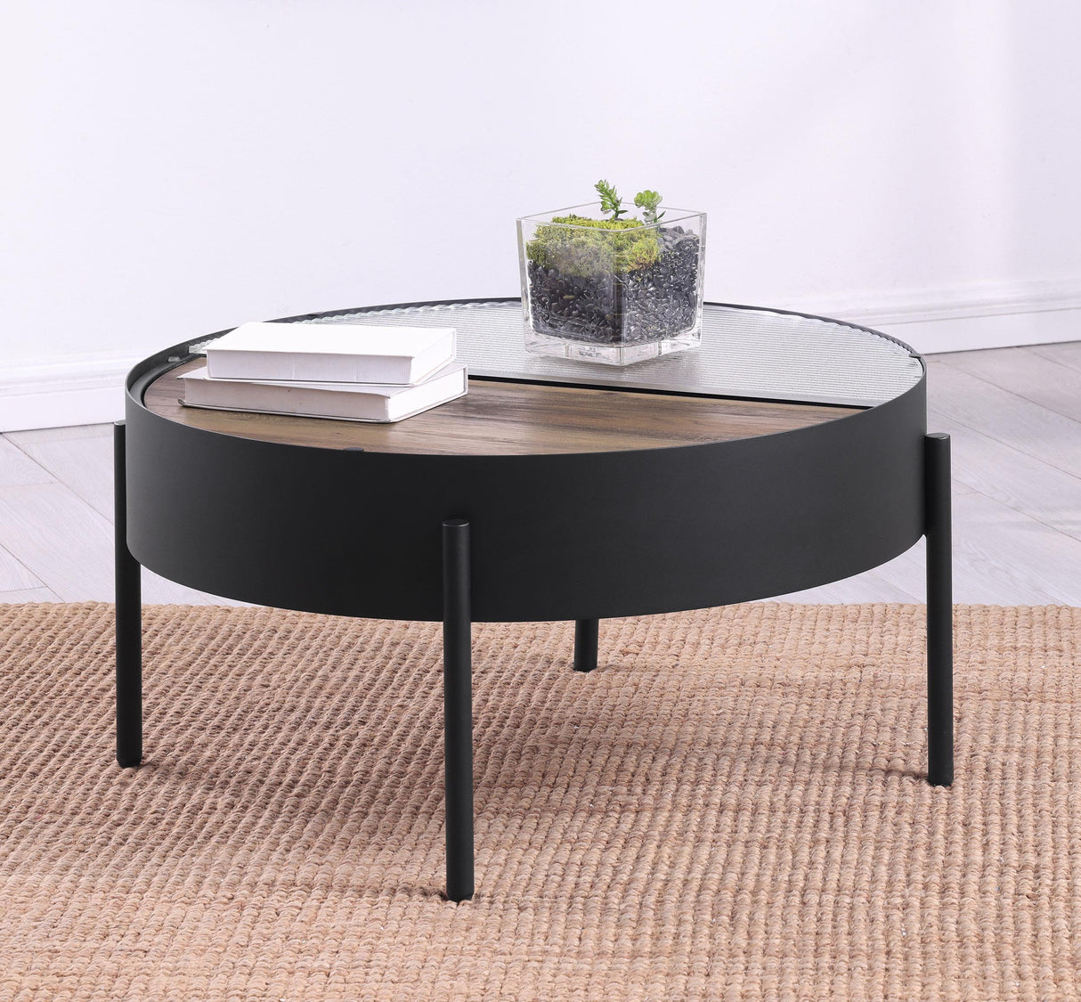 Ozella Sandy Black Round Coffee Table with Hidden Storage from Coaster - Luna Furniture