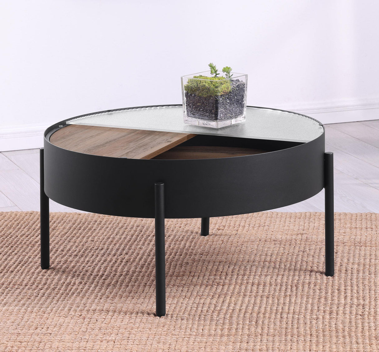 Ozella Sandy Black Round Coffee Table with Hidden Storage from Coaster - Luna Furniture