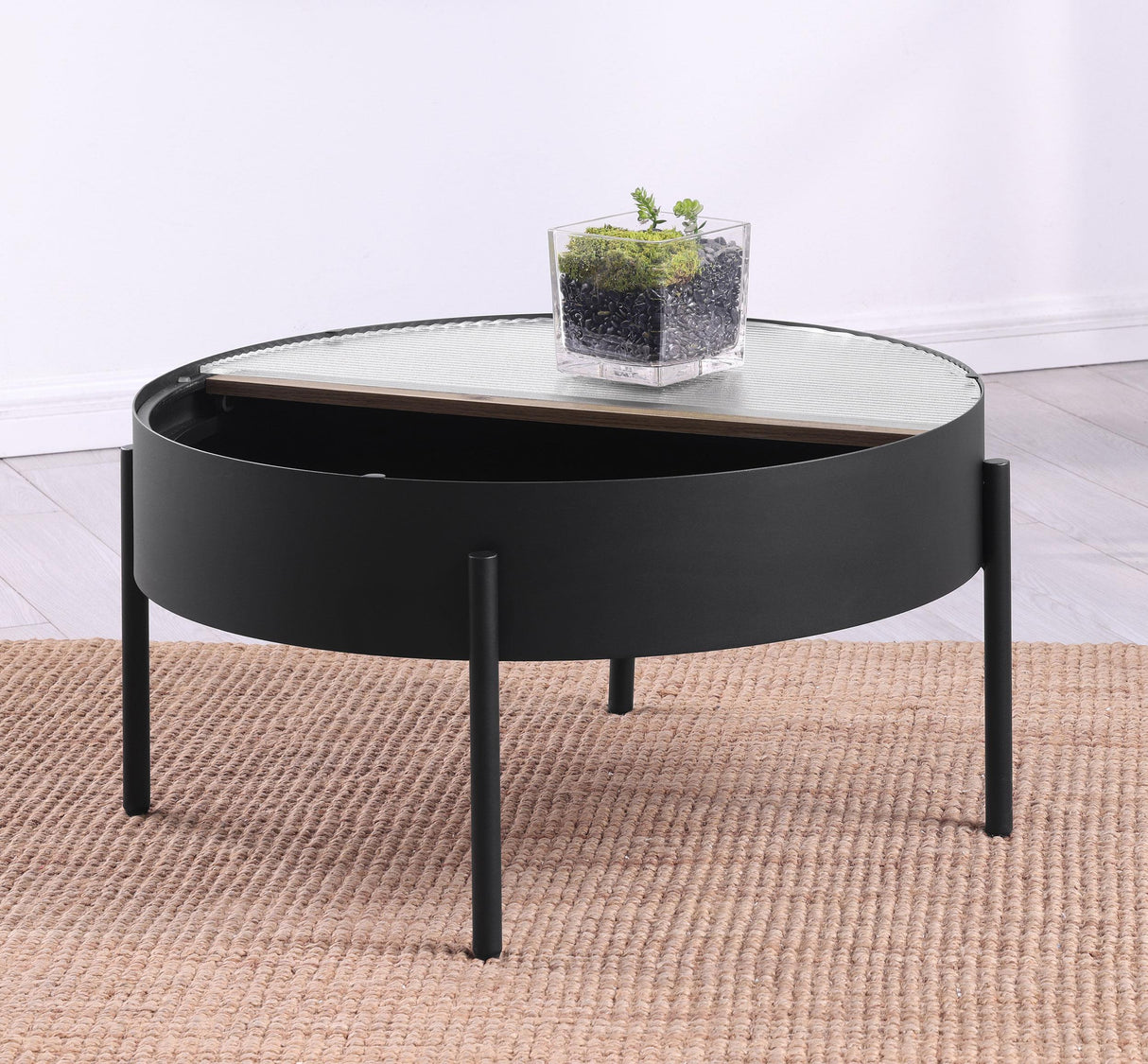 Ozella Sandy Black Round Coffee Table with Hidden Storage from Coaster - Luna Furniture