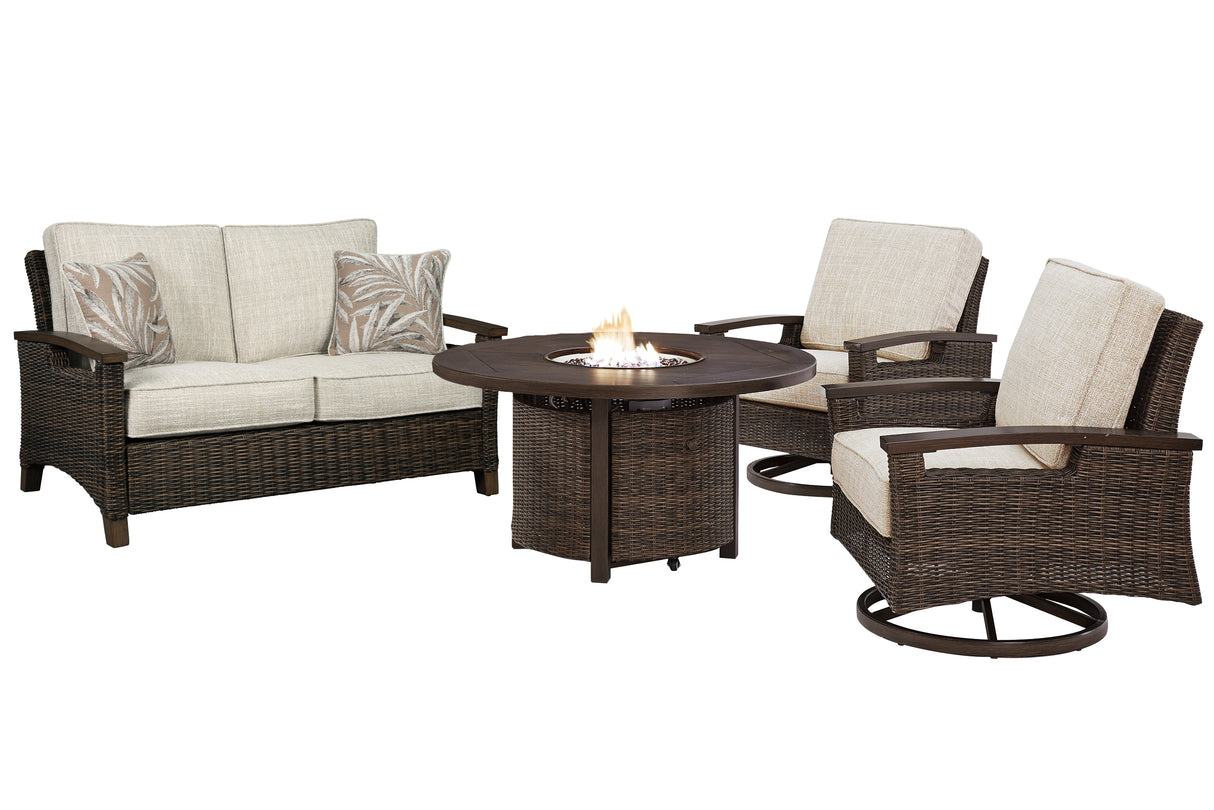 Paradise Trail Medium Brown Outdoor Loveseat and 2 Lounge Chairs with Fire Pit Table from Ashley Furniture - Luna Furniture