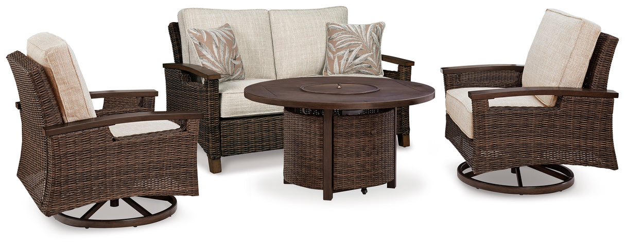 Paradise Trail Medium Brown Outdoor Loveseat and 2 Lounge Chairs with Fire Pit Table from Ashley Furniture - Luna Furniture