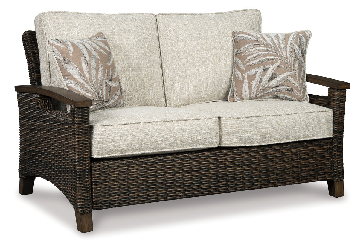 Paradise Trail Medium Brown Outdoor Loveseat and 2 Lounge Chairs with Fire Pit Table from Ashley Furniture - Luna Furniture