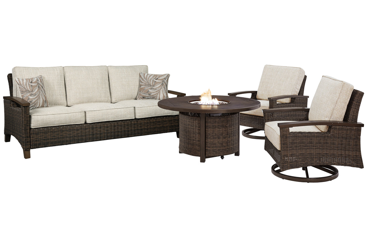 Paradise Trail Outdoor Sofa and 2 Lounge Chairs with Fire Pit Table in Medium Brown from Ashley - Luna Furniture