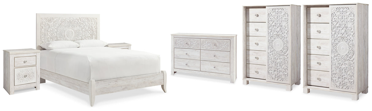 Paxberry Whitewash Queen Panel Bed, Dresser, 2 Chests and 2 Nightstands from Ashley - Luna Furniture