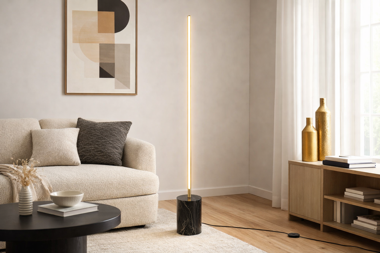 Prism Brassed Gold LED Floor Lamp with On/Off Switch Faux Marble Base from Ashcroft Furniture - Luna Furniture