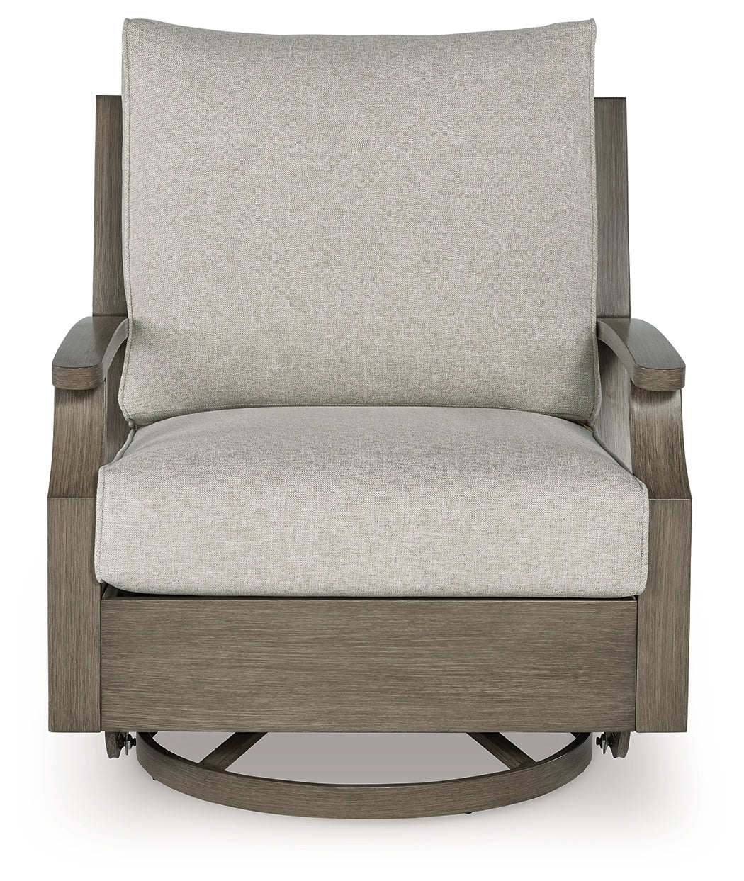 Rainier Ranch Outdoor Loveseat and 2 Chairs with Coffee Table in Brown/Beige from Ashley Furniture - Luna Furniture