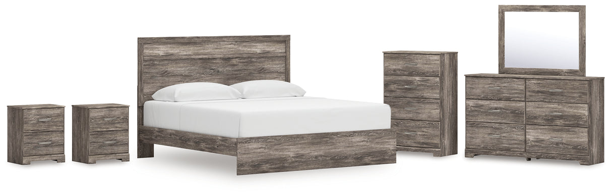 Ralinksi King Panel Bed with Mirrored Dresser, Chest and 2 Nightstands in Gray from Ashley - Luna Furniture