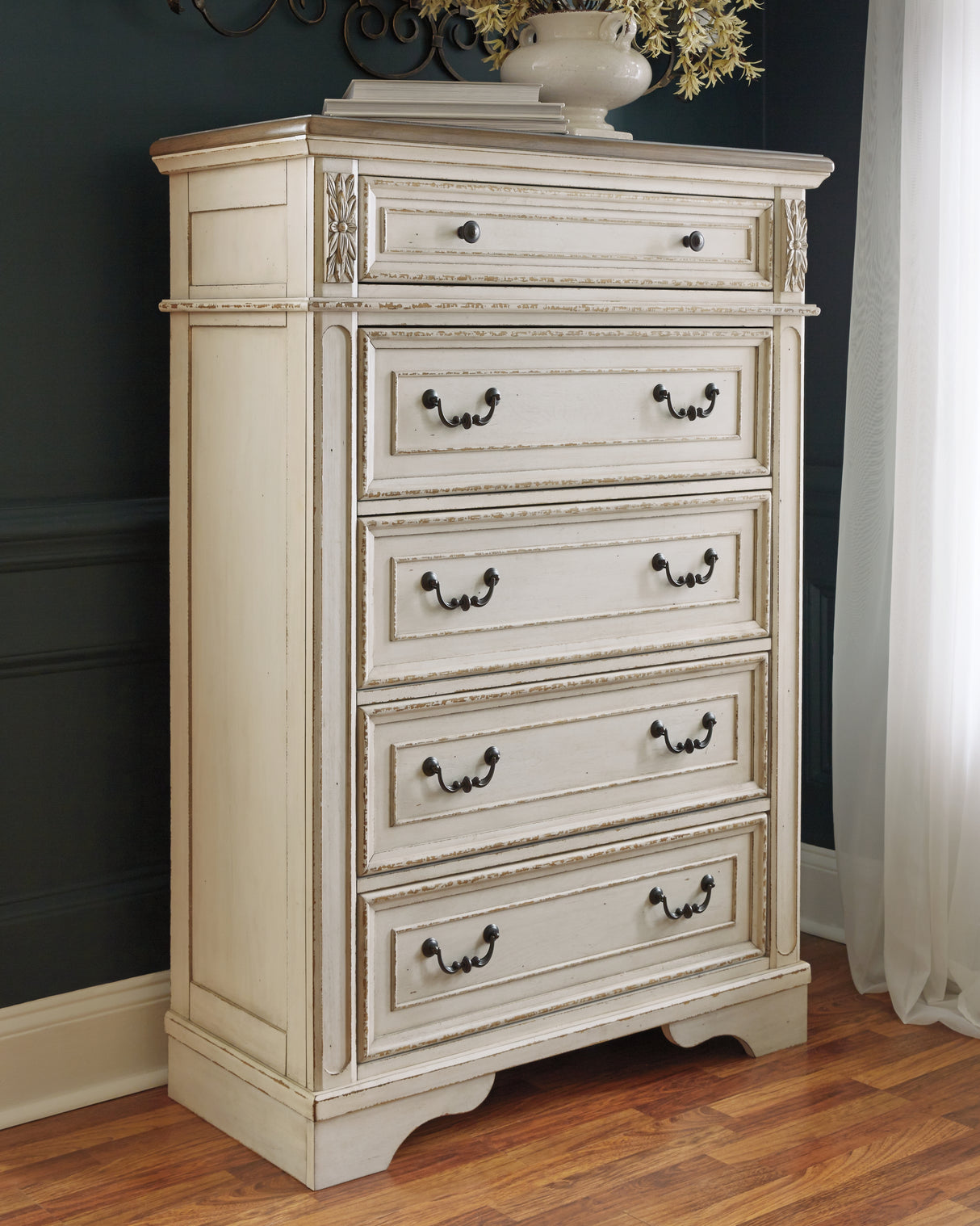 Realyn Chipped White California King Sleigh Bed with Mirrored Dresser and Chest from Ashley Furniture - Luna Furniture