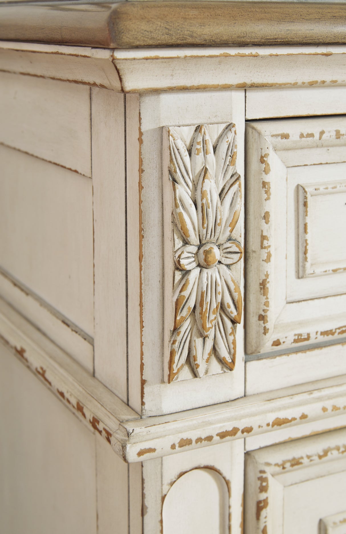Realyn Chipped White California King Upholstered Panel Bed with Mirrored Dresser from Ashley Furniture - Luna Furniture
