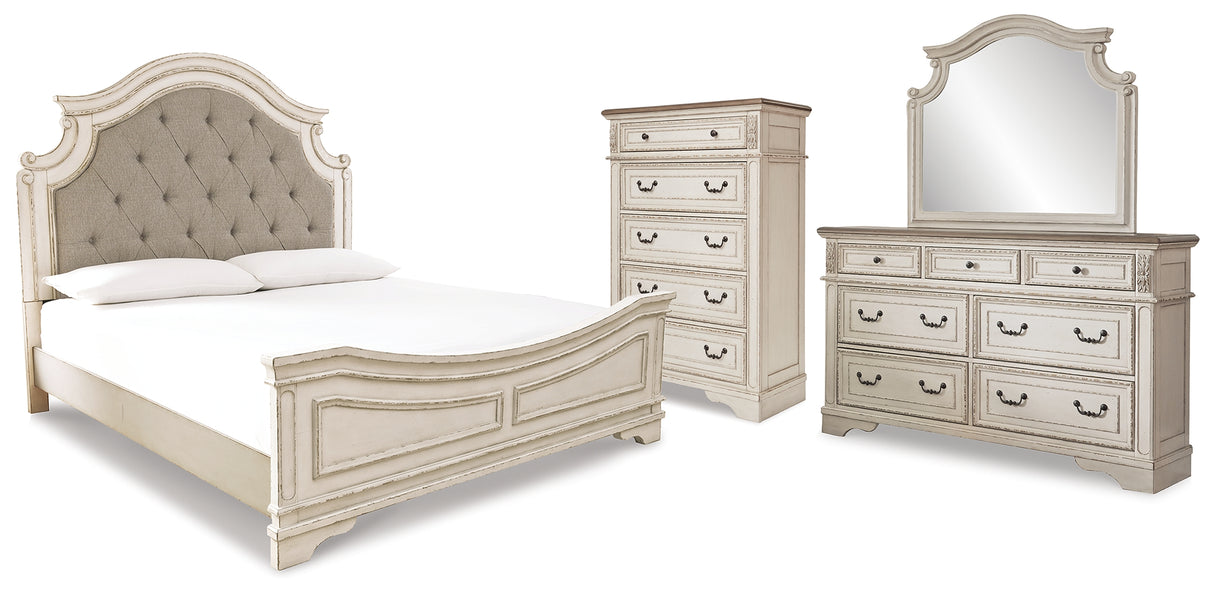 Realyn Chipped White King Panel Upholstered Bed, Dresser, Mirror and Chest from Ashley - Luna Furniture
