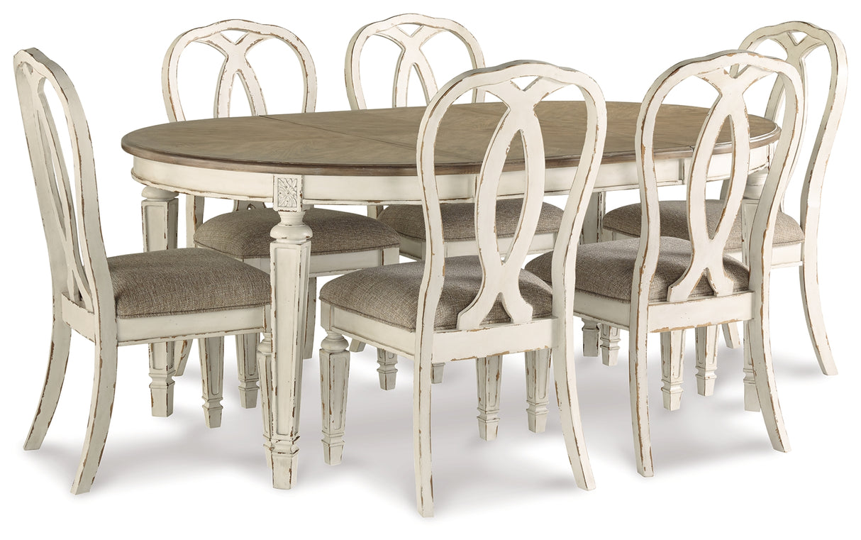 Realyn Chipped White Oval/Round Dining Table and 6 Ribbon Back Chairs from Ashley - Luna Furniture