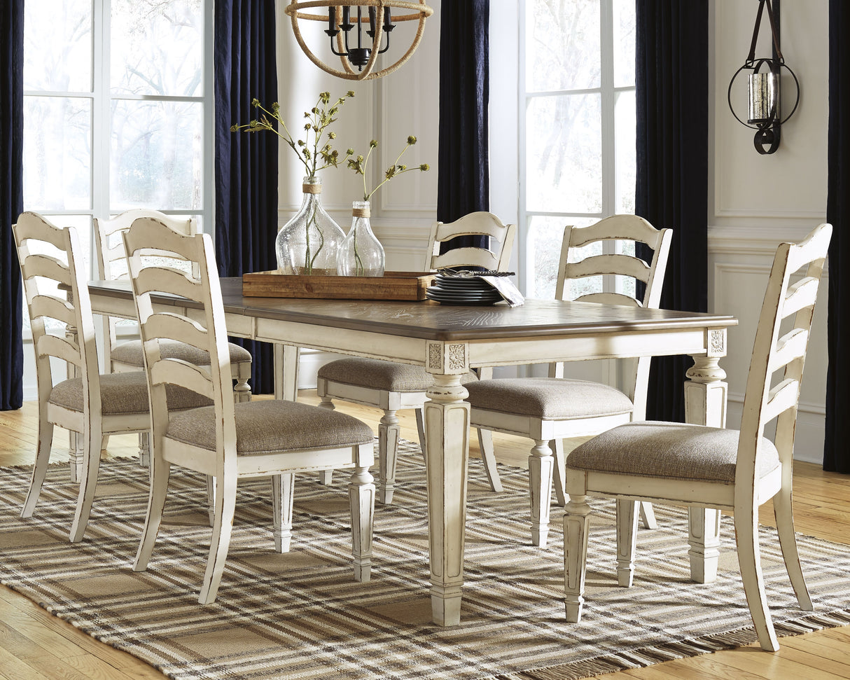 Realyn Chipped White Rectangular Extendable Dining Table and 6 Ladder Back Chairs from Ashley Furniture - Luna Furniture
