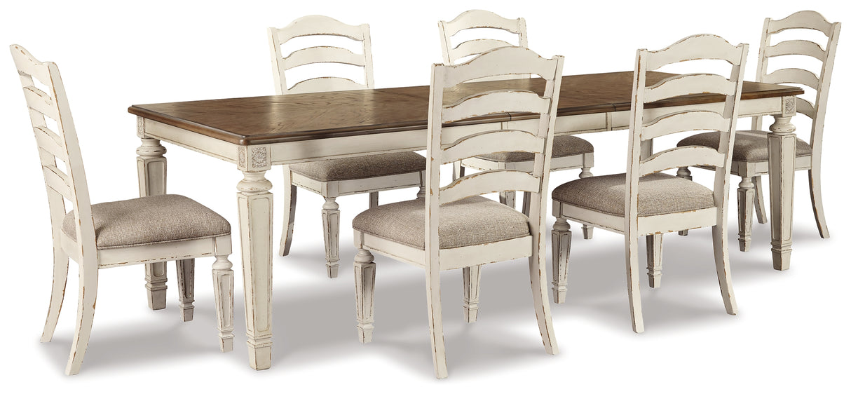 Realyn Chipped White Rectangular Extendable Dining Table and 6 Ladder Back Chairs from Ashley Furniture - Luna Furniture