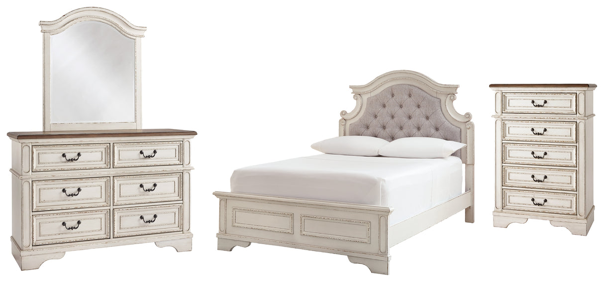 Realyn Full Panel Bed with Mirrored Dresser and Chest in Chipped White from Ashley - Luna Furniture