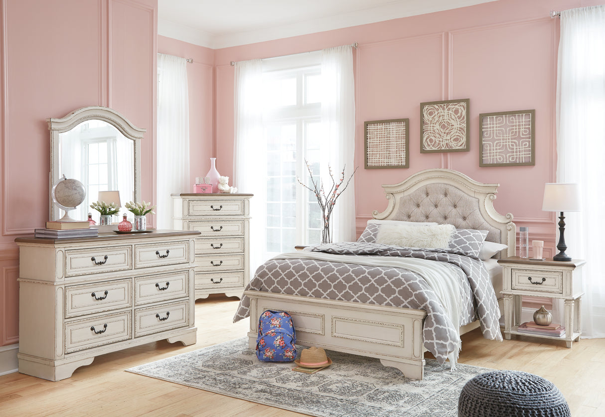 Realyn Chipped White Full Panel Bed with Mirrored Dresser, Chest and 2 Nightstands from Ashley Furniture - Luna Furniture