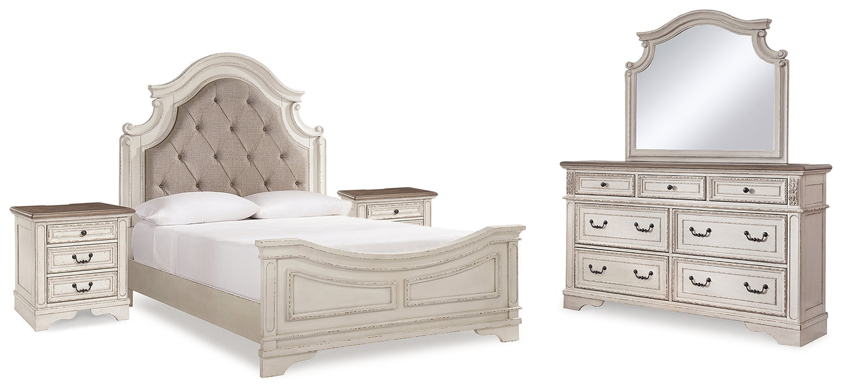 Realyn Chipped White Queen Upholstered Panel Bed with Mirrored Dresser and 2 Nightstands from Ashley - Luna Furniture