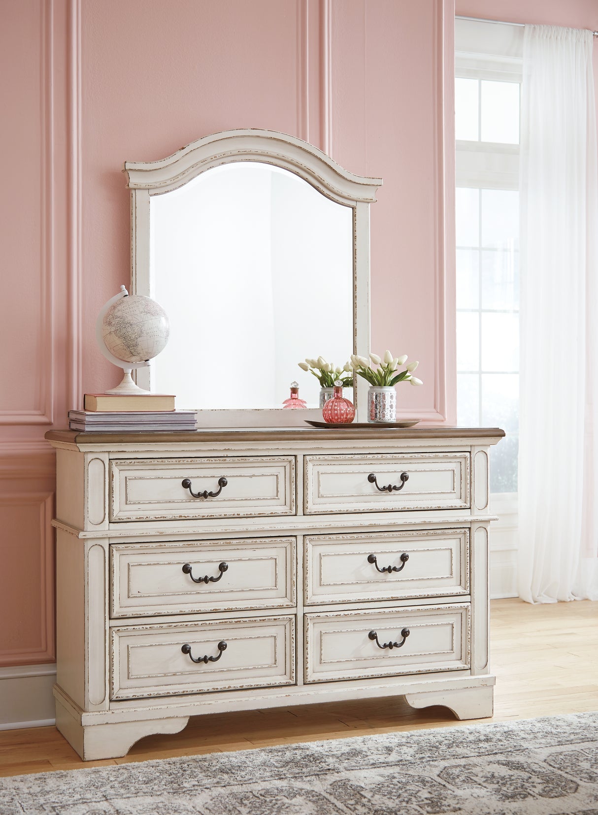 Realyn Chipped White Twin Panel Bed with Mirrored Dresser and Chest from Ashley - Luna Furniture