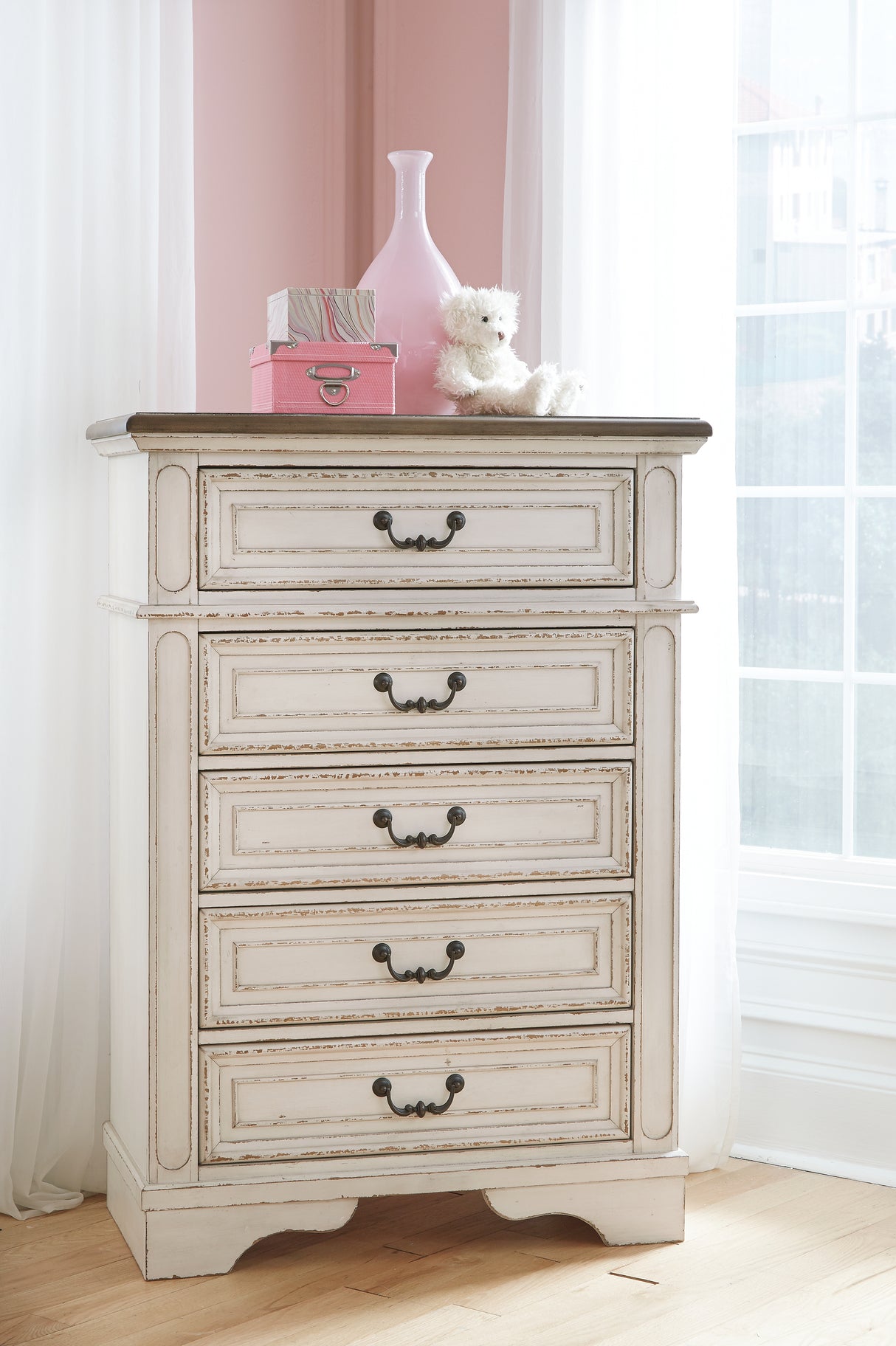 Realyn Chipped White Twin Panel Bed with Mirrored Dresser and Chest from Ashley - Luna Furniture