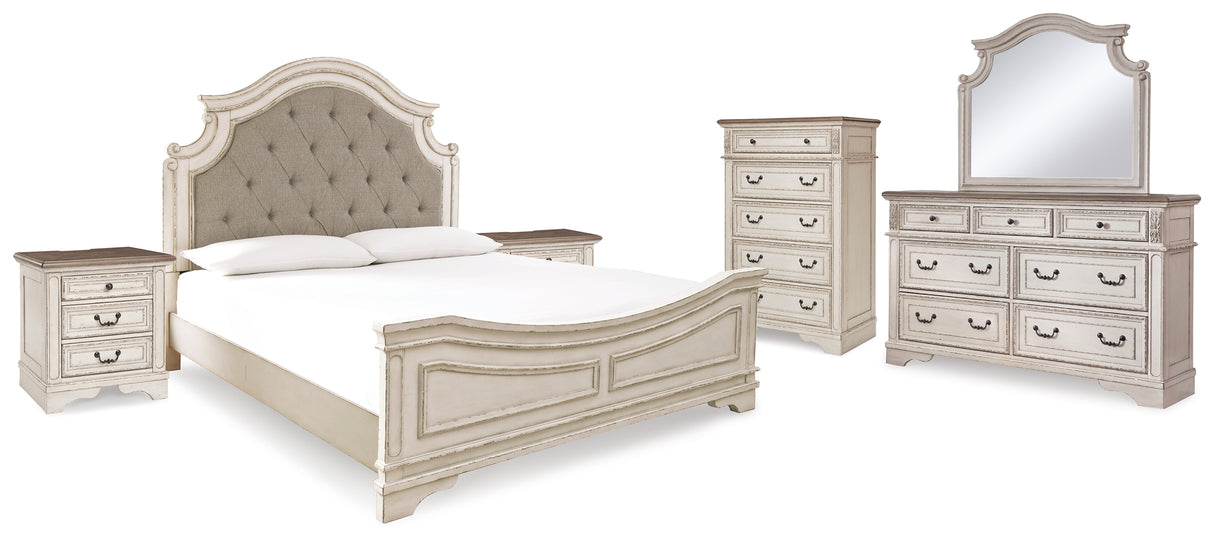 Realyn Two-tone King Panel Bed, Dresser, Mirror, Chest and 2 Nightstands from Ashley - Luna Furniture