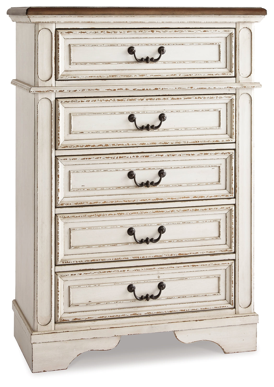Realyn Two-tone King Upholstered Panel Bed, Dresser, Mirror, Chest and 2 Nightstands from Ashley - Luna Furniture