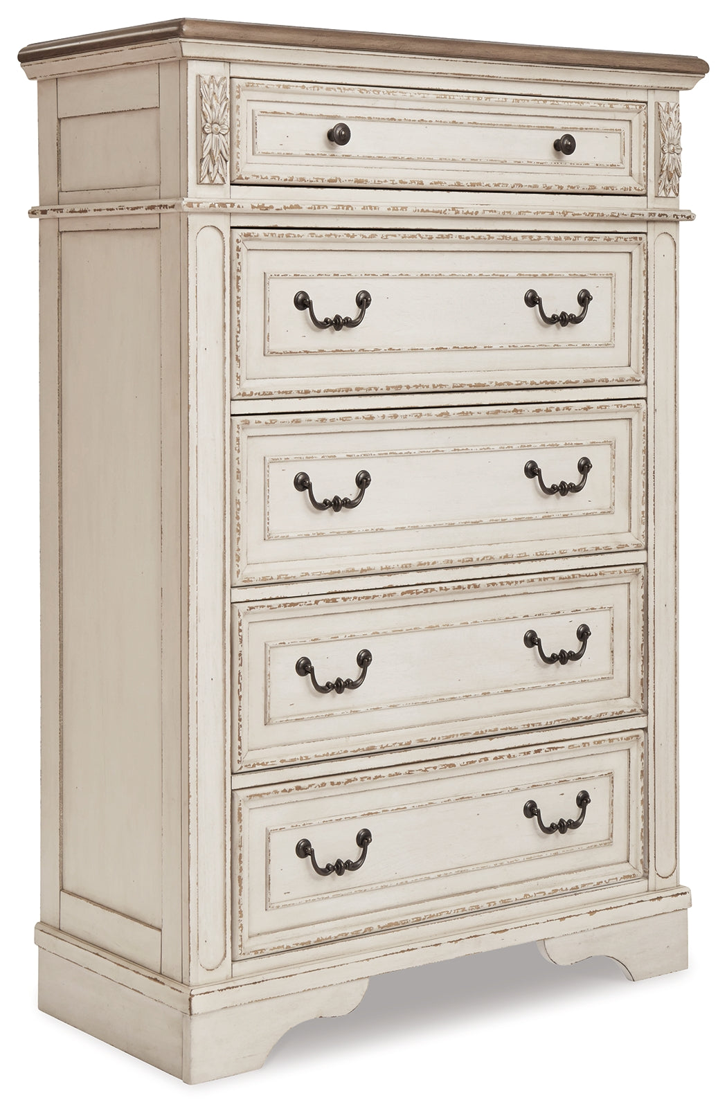 Realyn Two-tone Queen Panel Bed, Dresser, Mirror and Chest from Ashley - Luna Furniture