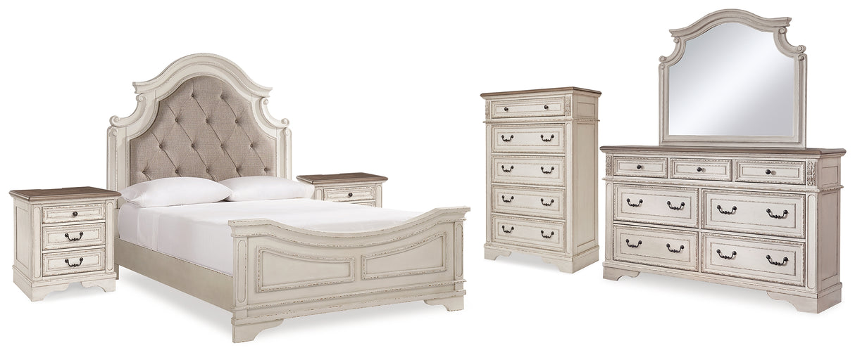 Realyn Two-tone Queen Upholstered Panel Bed, Dresser, Mirror, Chest and 2 Nightstands from Ashley - Luna Furniture