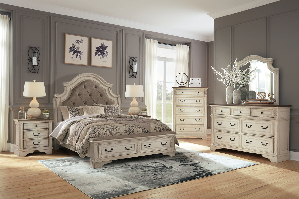 Realyn Two-tone Queen Upholstered Panel Bed with Storage, Dresser and Nightstand from Ashley - Luna Furniture