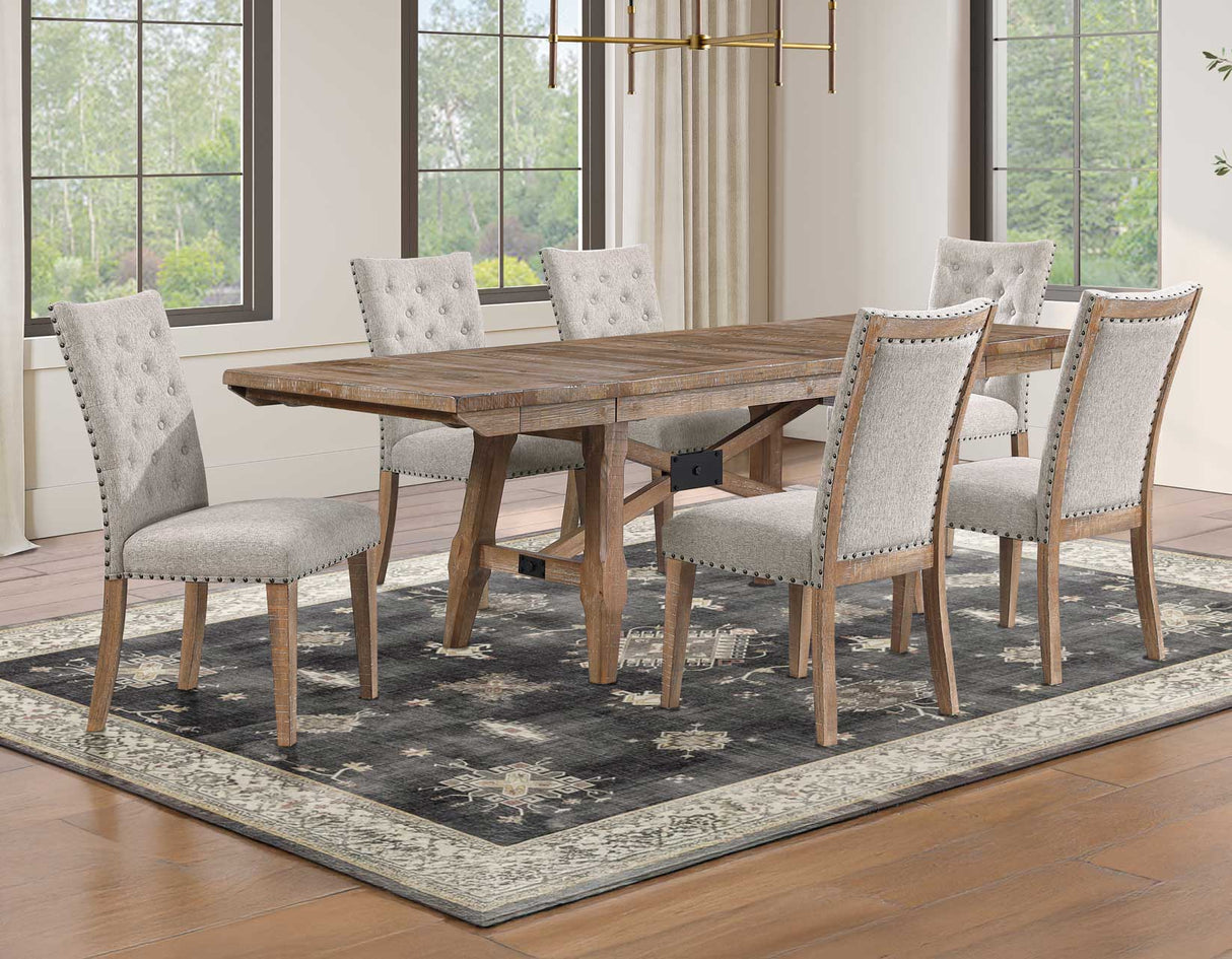 Riverdale Oatmeal/Driftwood 7-Piece Upholstered Trestle Dining Set from Steve Silver - Luna Furniture