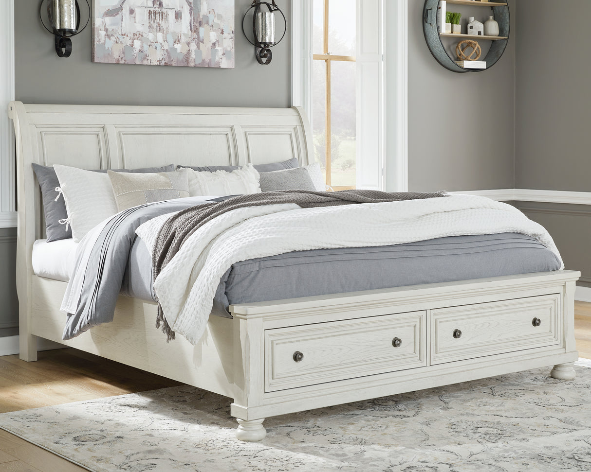 Robbinsdale California King Sleigh Bed with Storage with Dresser in Antique White from Ashley - Luna Furniture