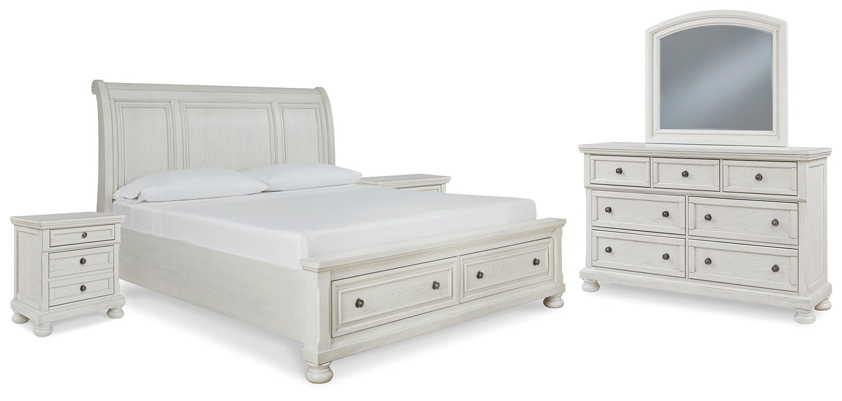 Robbinsdale California King Sleigh Bed with Storage with Mirrored Dresser and 2 Nightstands in Antique White from Ashley - Luna Furniture