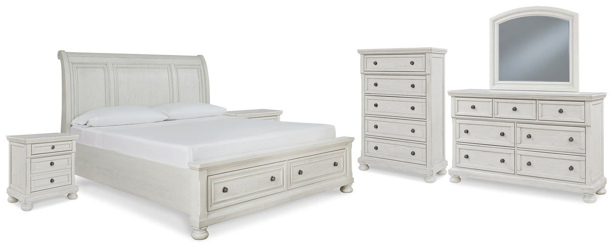 Robbinsdale King Sleigh Bed with Storage with Mirrored Dresser, Chest and 2 Nightstands in Antique White from Ashley - Luna Furniture