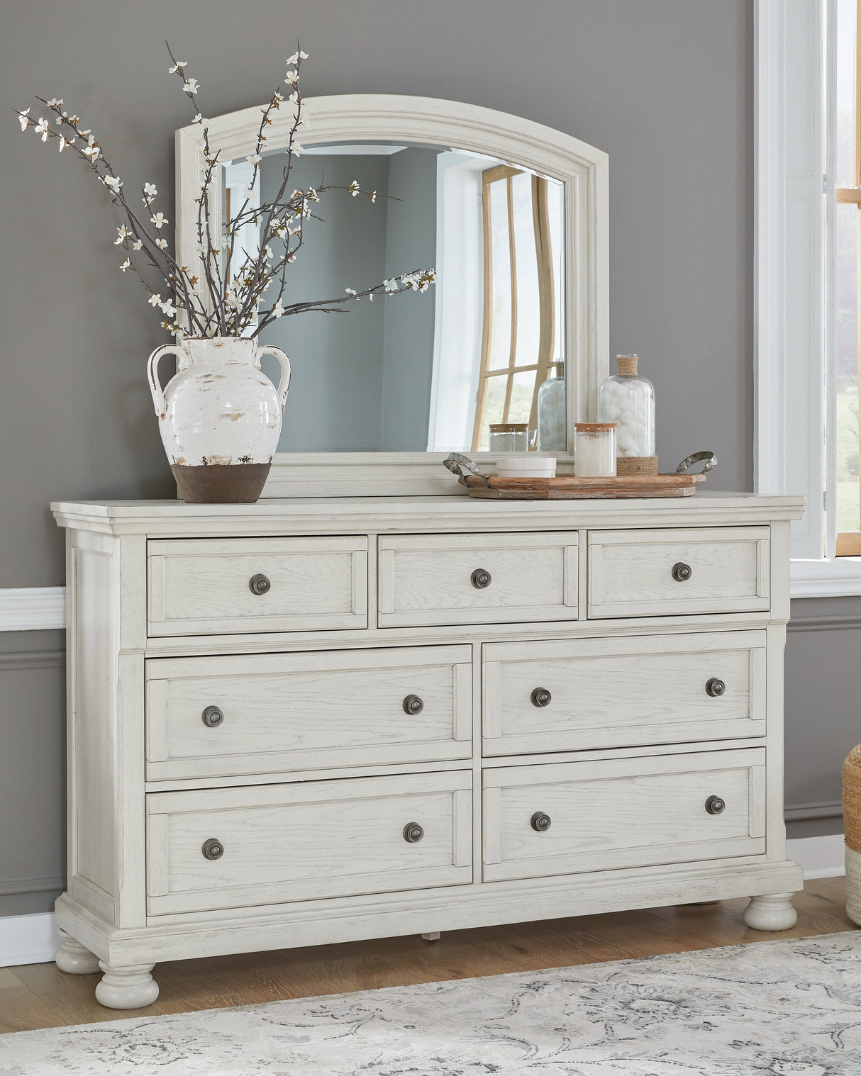 Robbinsdale Queen Panel Storage Bed with Mirrored Dresser and Chest in Antique White from Ashley - Luna Furniture
