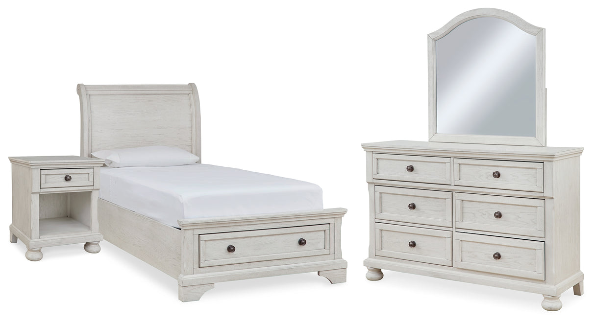Robbinsdale Twin Sleigh Storage Bed with Mirrored Dresser and Nightstand in Antique White from Ashley - Luna Furniture