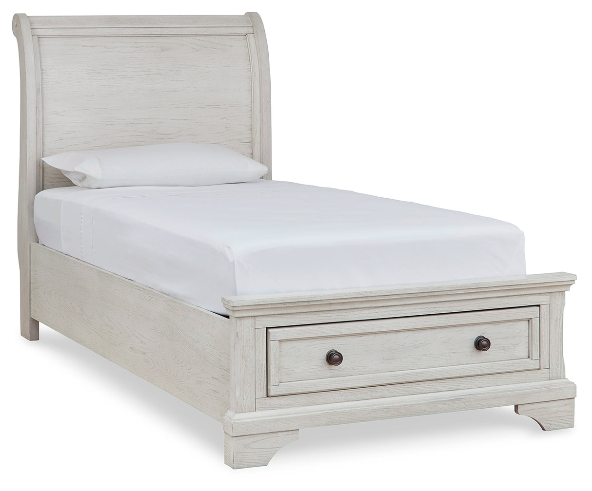 Robbinsdale Twin Sleigh Storage Bed with Mirrored Dresser and Nightstand in Antique White from Ashley - Luna Furniture