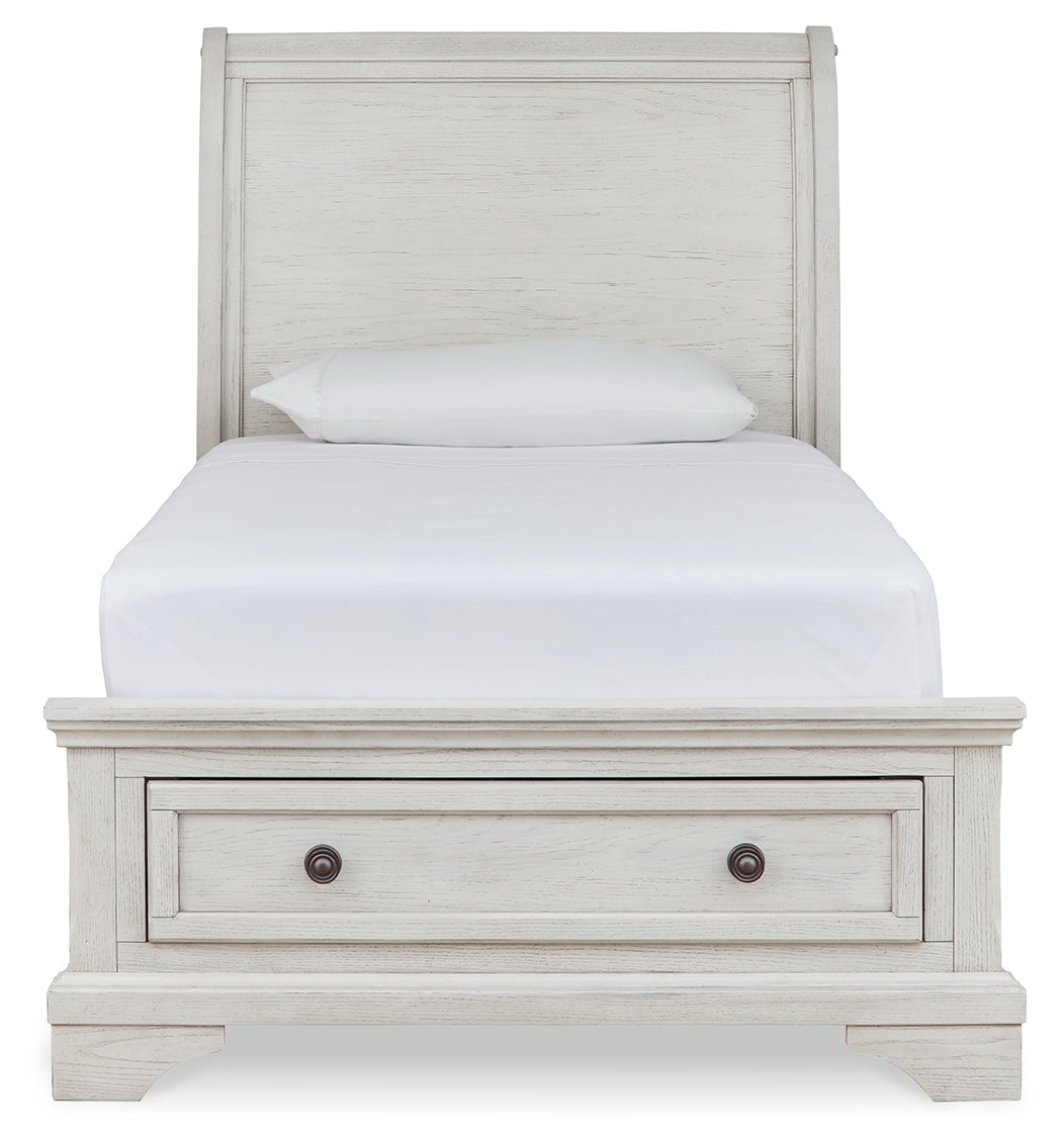 Robbinsdale Twin Sleigh Storage Bed with Mirrored Dresser and Nightstand in Antique White from Ashley - Luna Furniture