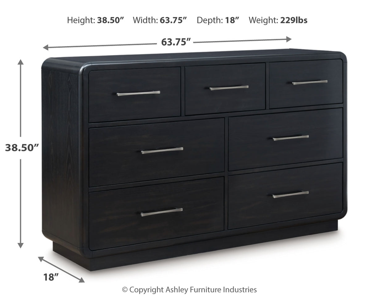 Rowanbeck California King Upholstered Panel Bed with Dresser and 2 Nightstands in Gray/Black from Ashley - Luna Furniture