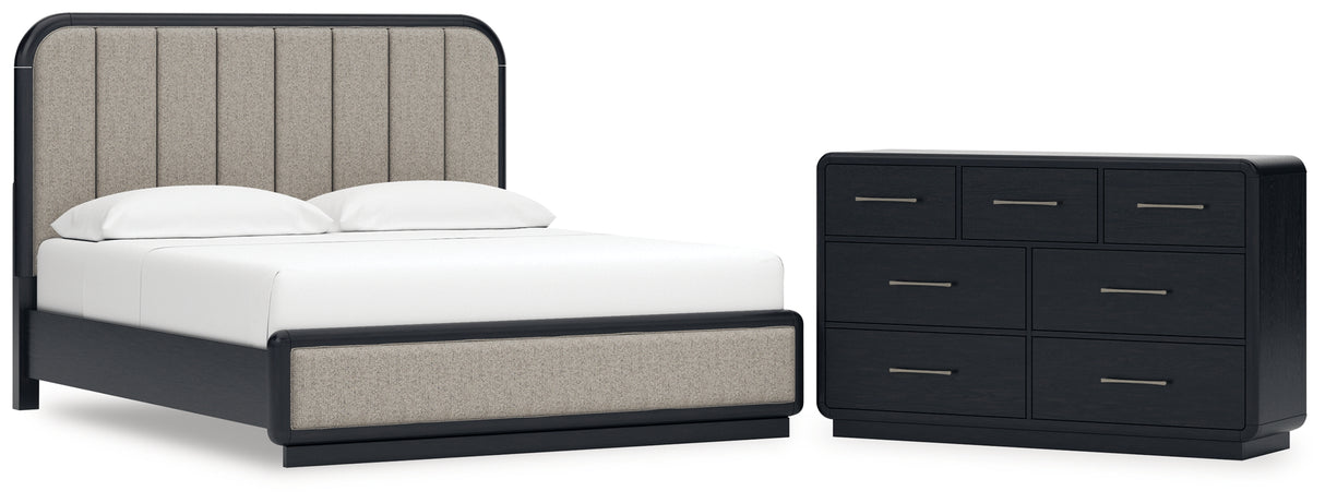 Rowanbeck California King Upholstered Panel Bed with Dresser in Gray/Black from Ashley - Luna Furniture