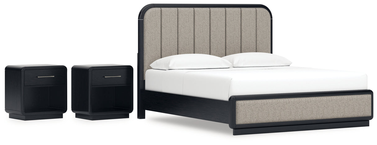 Rowanbeck King Upholstered Panel Bed with 2 Nightstands in Gray/Black from Ashley - Luna Furniture