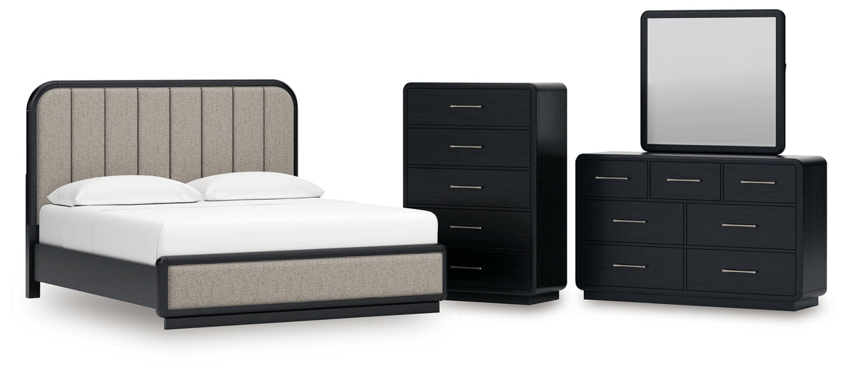Rowanbeck King Upholstered Panel Bed with Mirrored Dresser and Chest in Gray/Black from Ashley - Luna Furniture
