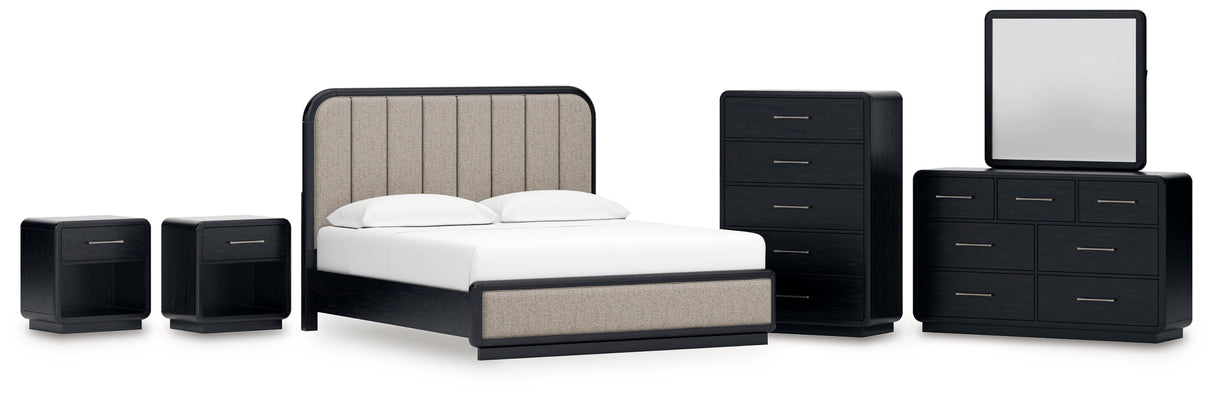 Rowanbeck King Upholstered Panel Bed with Mirrored Dresser, Chest and 2 Nightstands in Gray/Black from Ashley - Luna Furniture