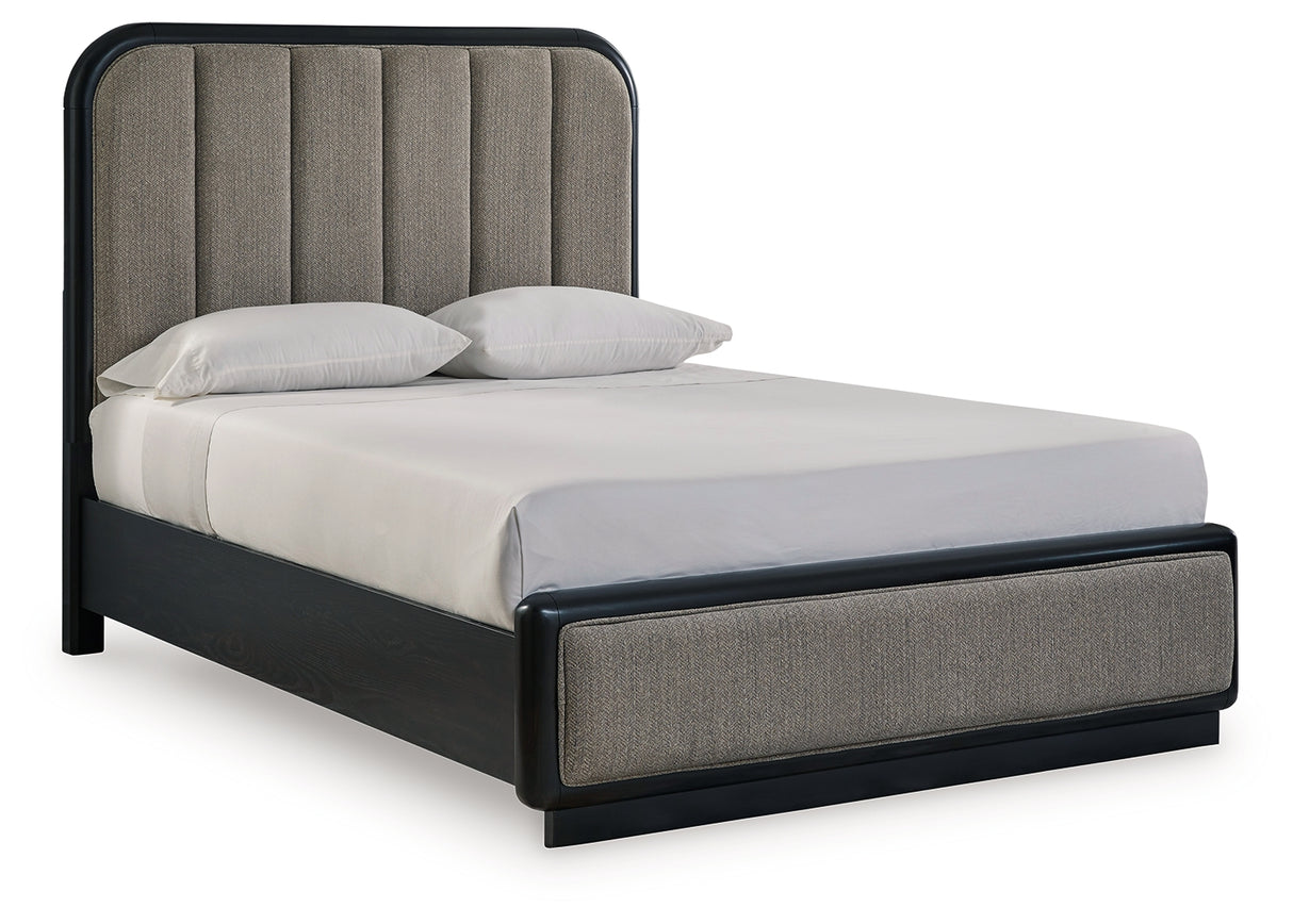 Rowanbeck Gray/Black Queen Upholstered Panel Bed with 2 Nightstands from Ashley - Luna Furniture