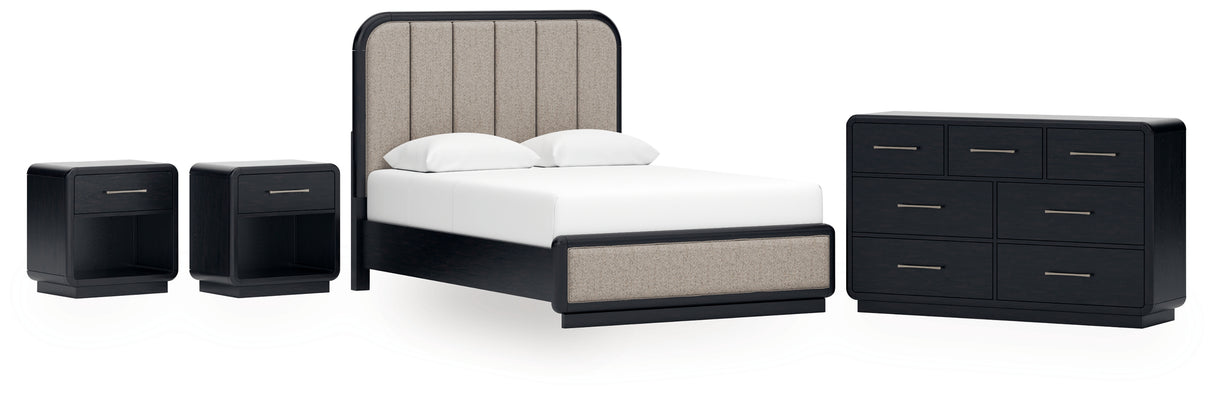Rowanbeck Queen Upholstered Panel Bed with Dresser and 2 Nightstands in Gray/Black from Ashley - Luna Furniture