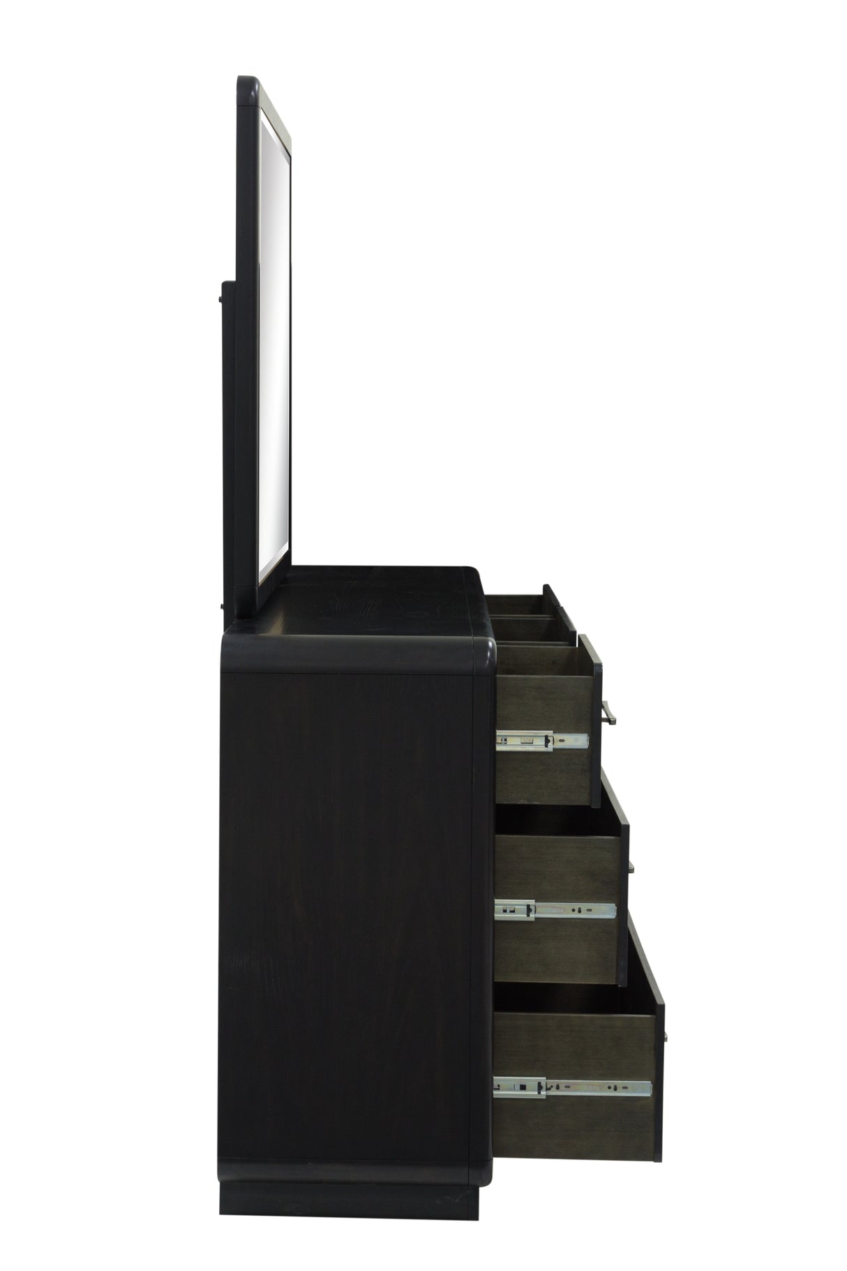 Rowanbeck Queen Upholstered Panel Bed with Mirrored Dresser and 2 Nightstands in Gray/Black from Ashley - Luna Furniture