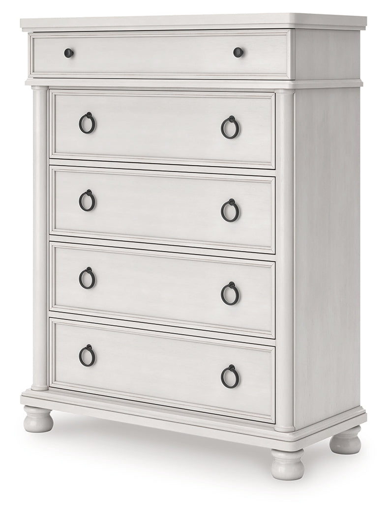 Rowlenstown California King Poster Bed with Dresser and Chest in Antique White from Ashley - Luna Furniture