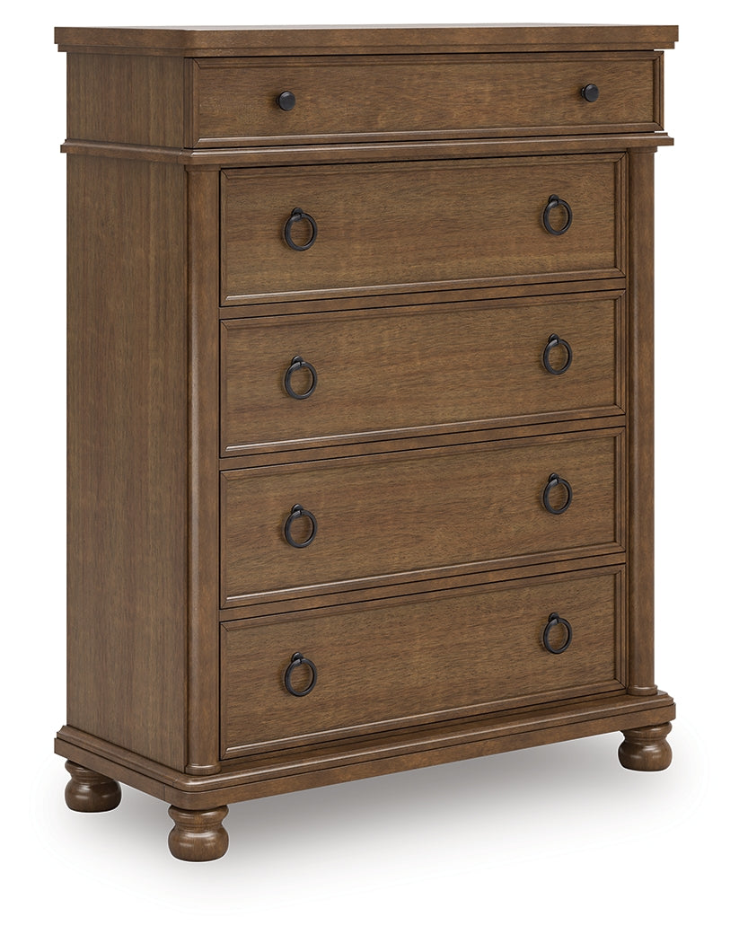 Rowlenstown California King Poster Bed with Dresser and Chest in Brown from Ashley Furniture - Luna Furniture