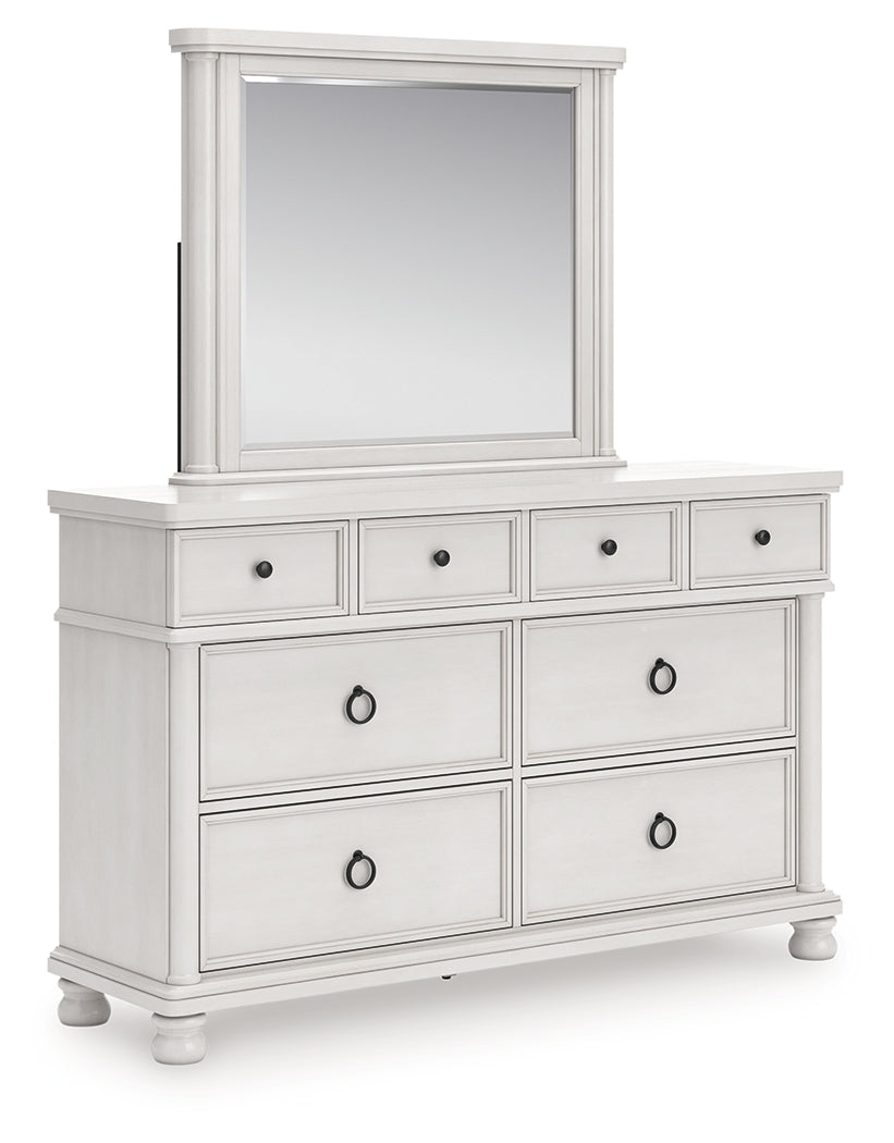 Rowlenstown California King Poster Bed with Mirrored Dresser and Nightstand in Antique White from Ashley - Luna Furniture