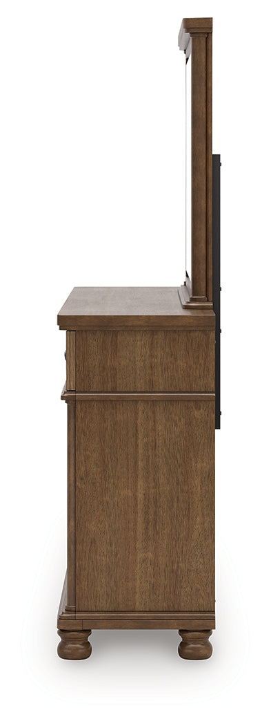 Rowlenstown California King Poster Bed with Mirrored Dresser and Nightstand in Brown from Ashley Furniture - Luna Furniture