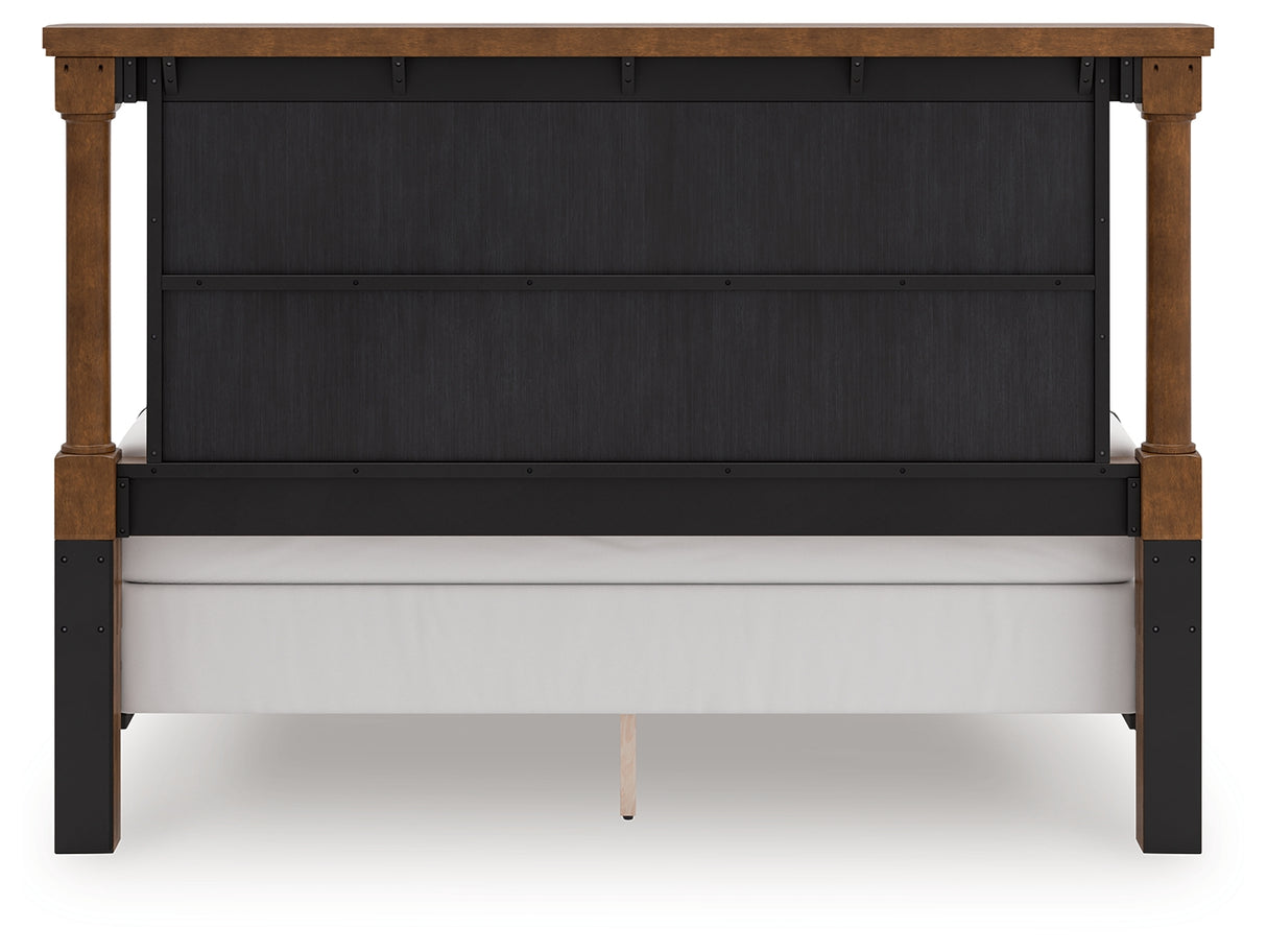 Rowlenstown California King Poster Bed with Mirrored Dresser and Nightstand in Brown from Ashley Furniture - Luna Furniture